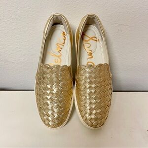 Sam Edelman Eda Metallic Gold Leather Basket Weave Slip-on Loafers